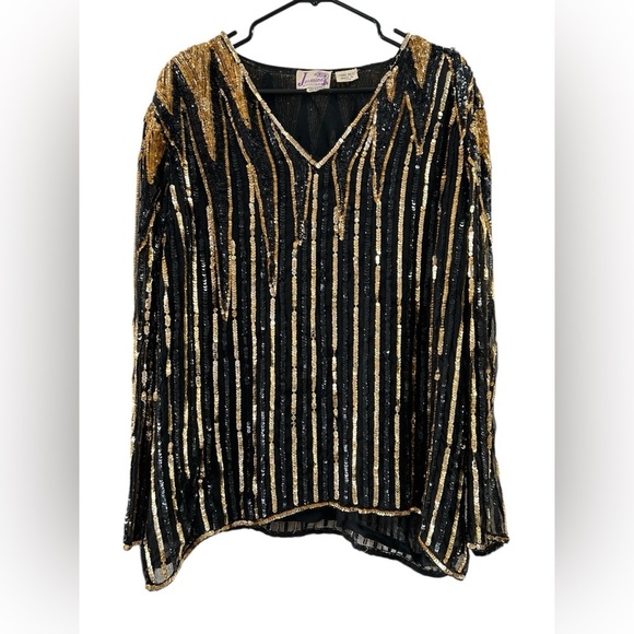 Silk sequin gold and black long sleeve blouse - Picture 1 of 6